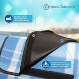 blue water resistant outdoor blanket with velcro closure